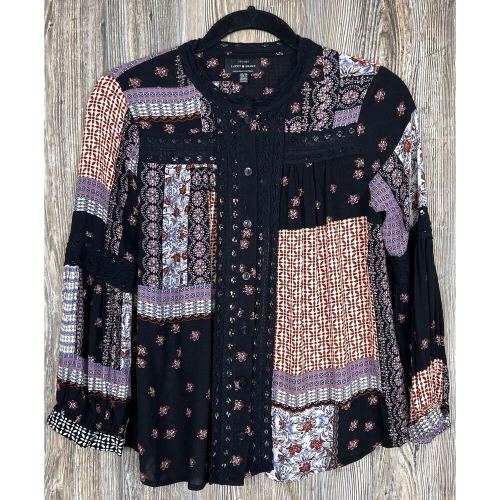 Lucky Brand Blouse Size XS Patchwork Boho Cottagecore Whimsical Gypsy Indie